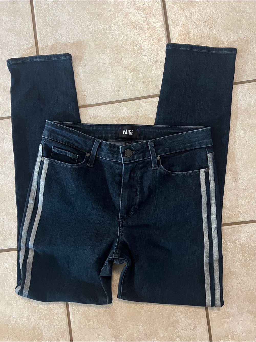PAIGE Dark Indigo Cropped Jeans with Silver Side Stripes